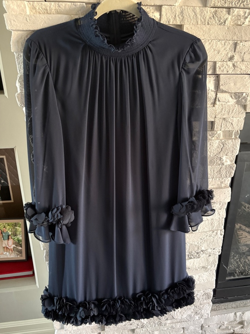 Alex Marie Navy Blue Long Sleeve floral ruffle Trim Dress
